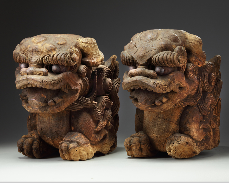 A set of two Japanese keyaki wood (Elm) fu-dogs