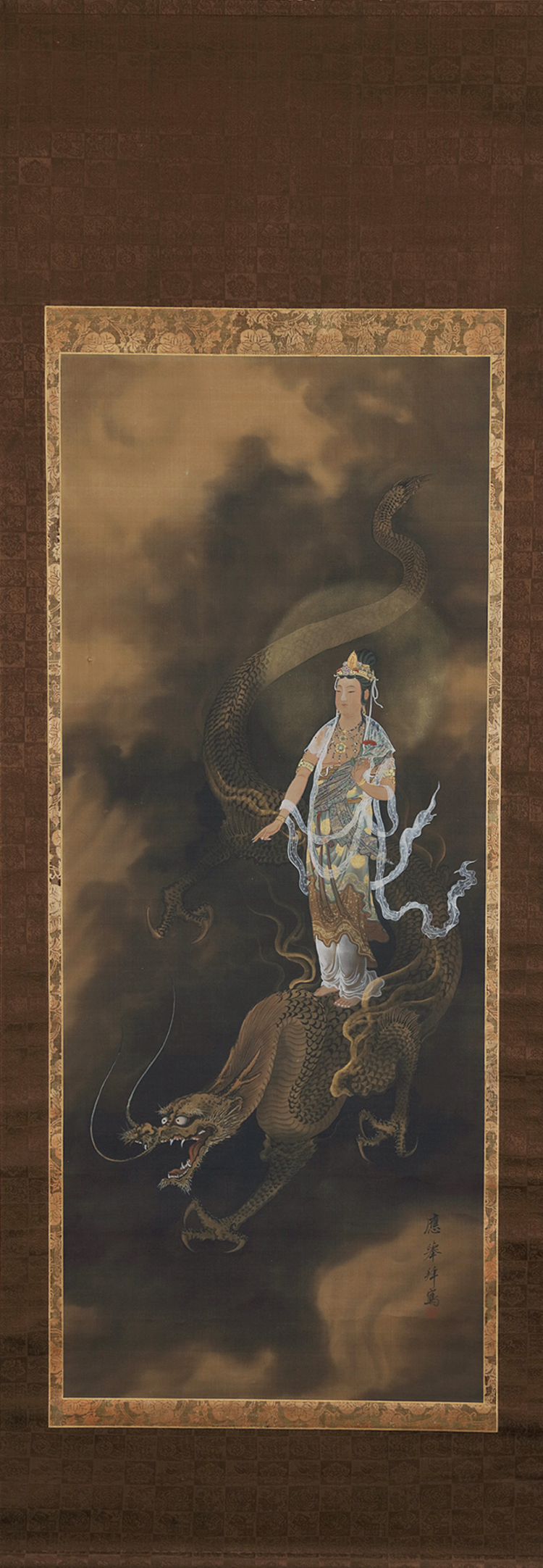 A large Japanese scroll depicting a Kanon and a dragon