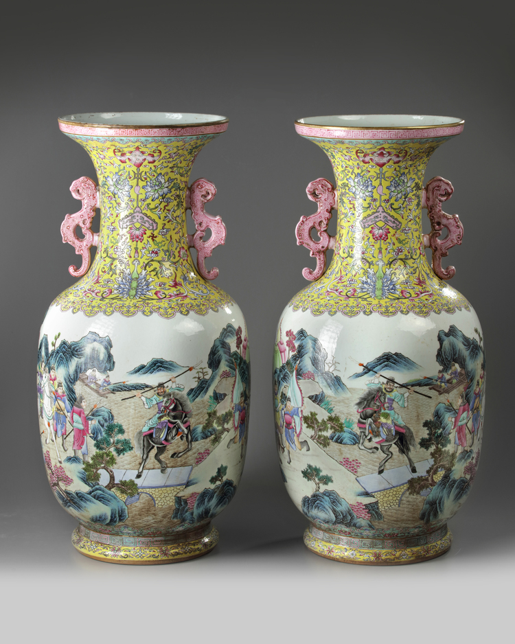 A PAIR OF LARGE CHINESE FAMILLE ROSE 'NARRATIVE' VASES