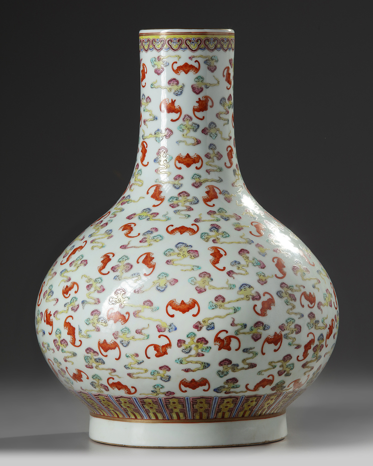 A Chinese famille rose 'bats and clouds' bottle vase