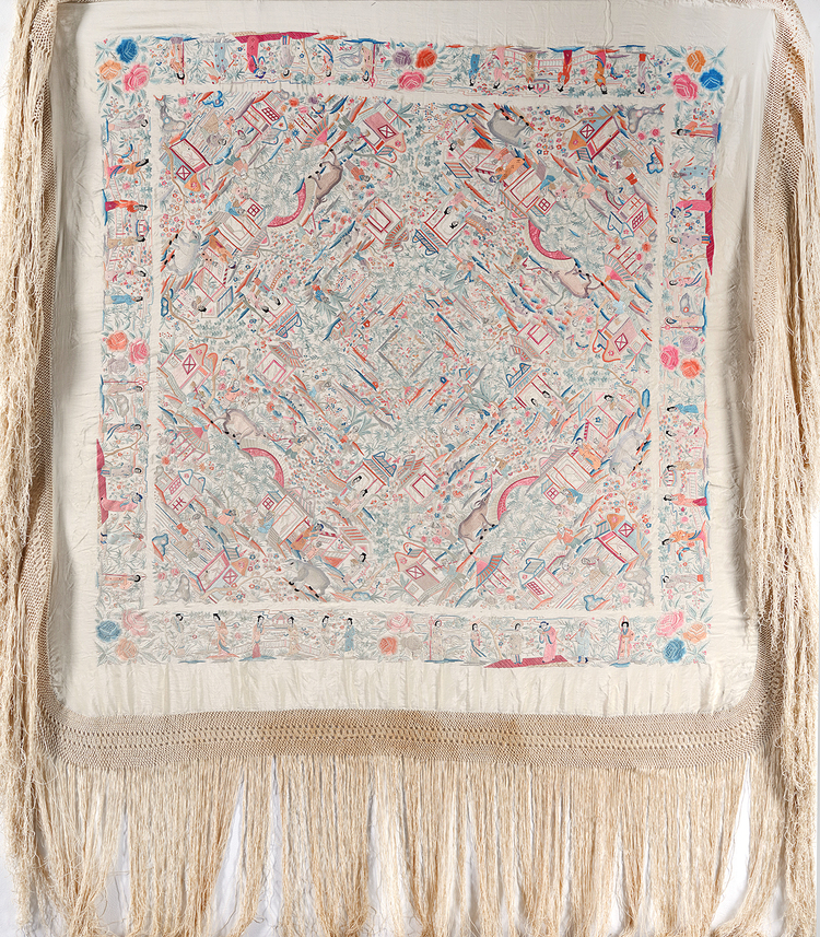 A CHINESE CREAM-GROUND EMBROIDERED CANTON COVERLET