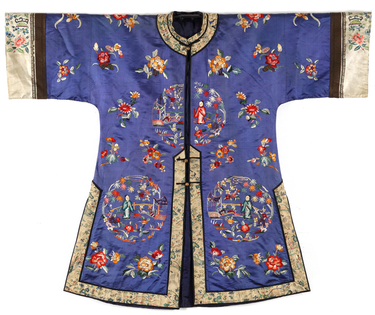 A Chinese blue-ground embroidered short informal robe