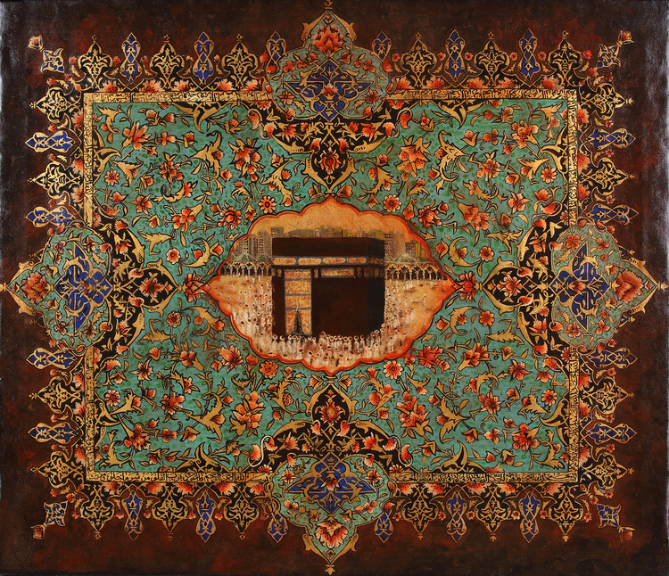 A LARGE OIL ON CANVAS PAINTING OF THE KAABA, 20TH CENTURY