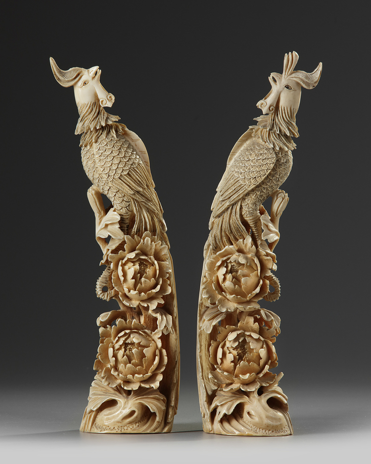 A PAIR OF CHINESE IVORY PHOENIX