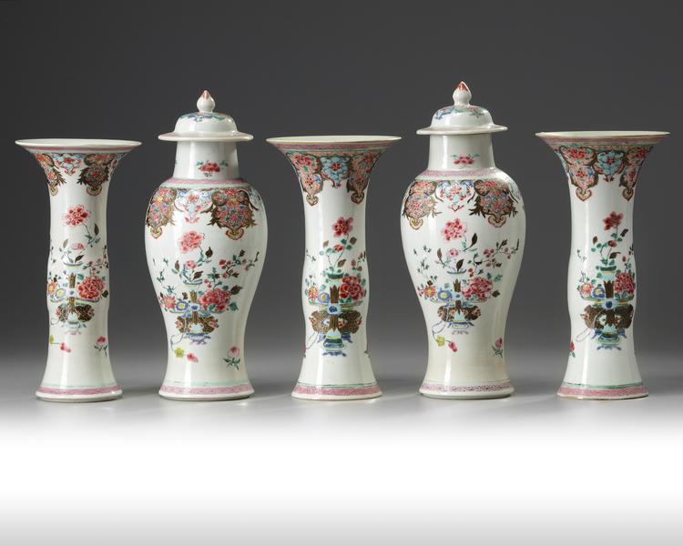 A Chinese famille rose five-piece garniture