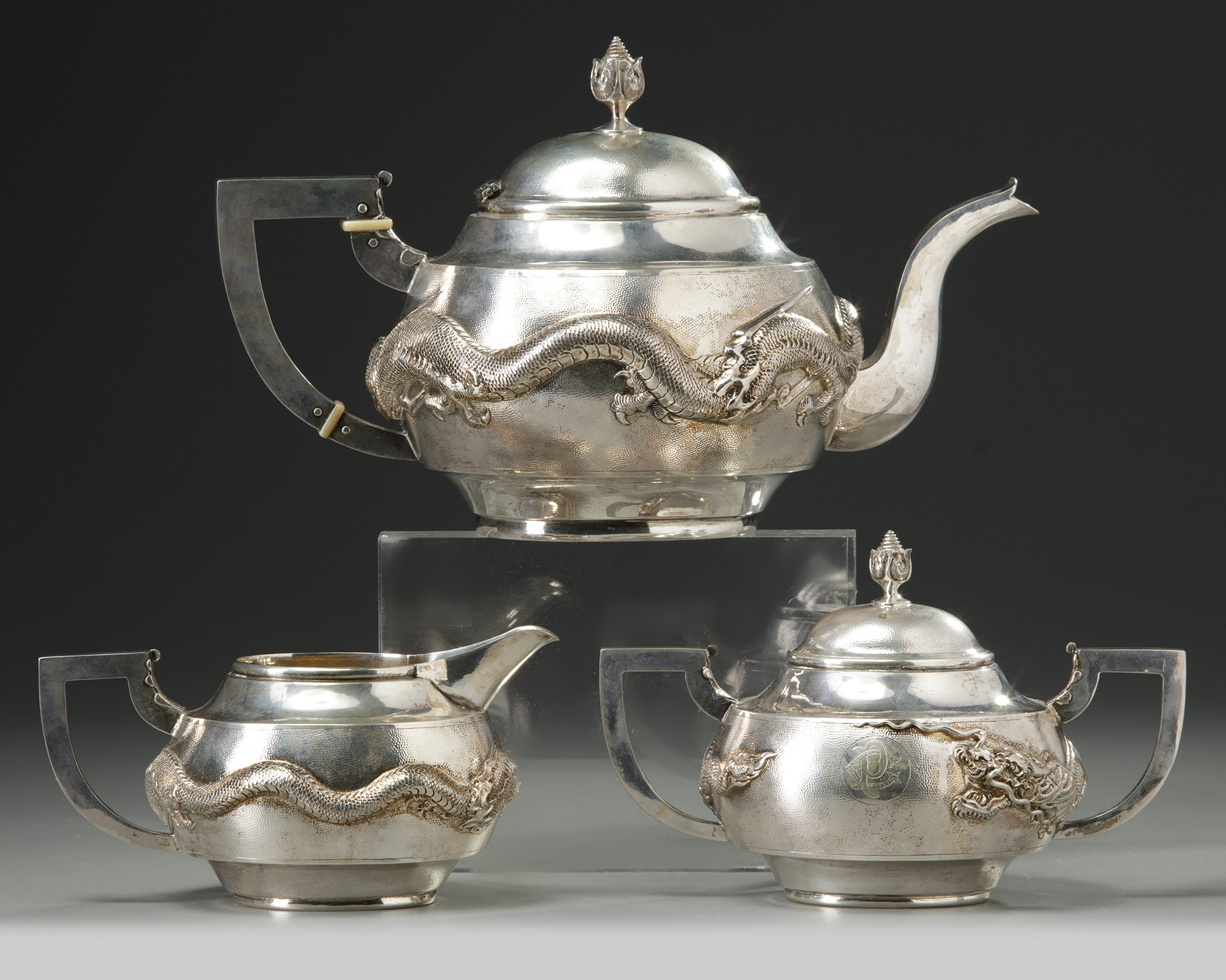 A Chinese export silver three-piece tea set