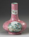 A Chinese pink-ground famille rose bottle vase