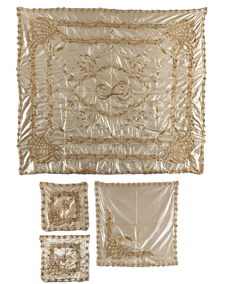 AN OTTOMAN EMBROIDERED BEDSHEET AND ACCESORIES, 19TH-20TH CENTURY