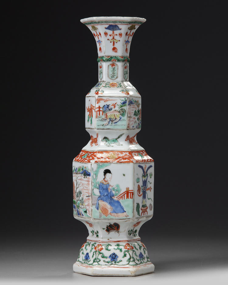 A Chinese famille verte hexagonal double gourd vase