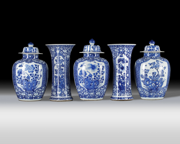 A Chinese blue and white five-piece garniture