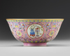 A Chinese pink-ground famille rose medallions bowl