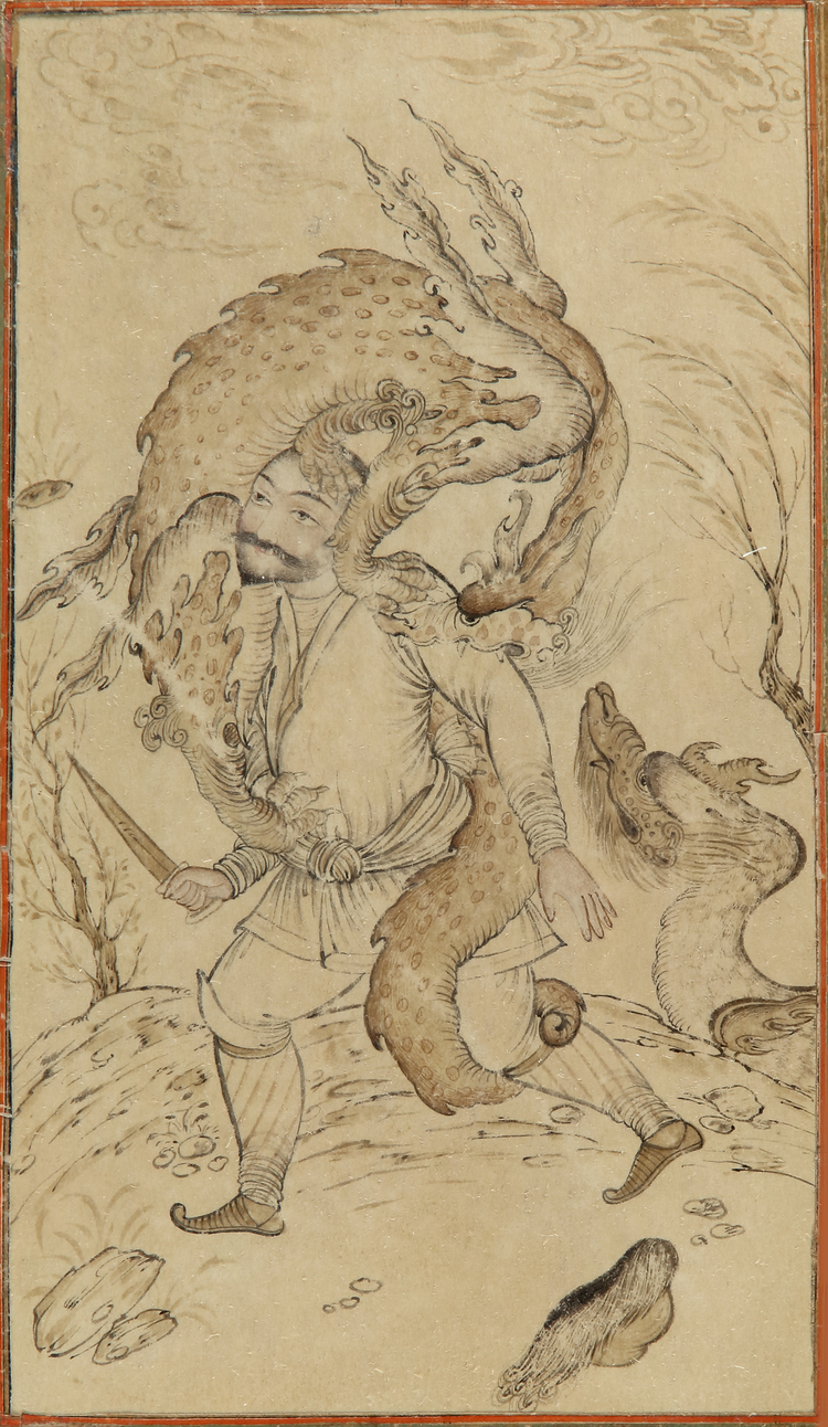 A Persian miniature depicting a man and two dragons
