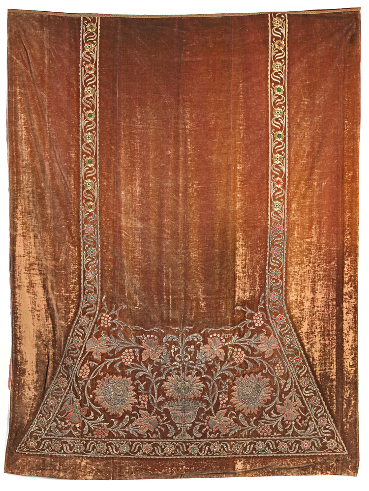 A LARGE BROWN VELVET WITH GILT AND SILVER WIRE EMBROIDERY