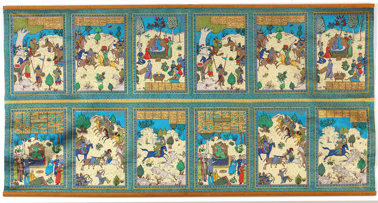 A PERSIAN SILK EMBROIDERY WITH VARIOUS MINIATURES
