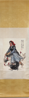 A CHINESE 'LADY FEEDING CHICKENS' HANGING SCROLL - HUANG ZHOU