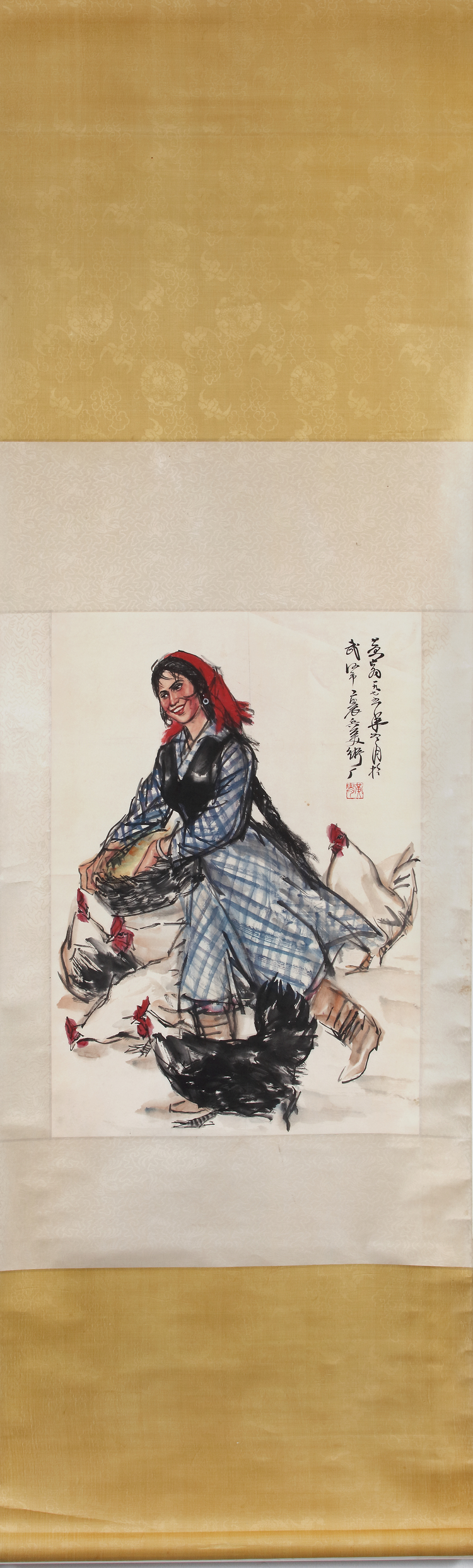 A CHINESE 'LADY FEEDING CHICKENS' HANGING SCROLL - HUANG ZHOU