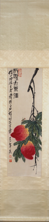 A CHINESE 'PEACHES AND GRASSHOPPER' HANGING SCROLL - QI BAISHI