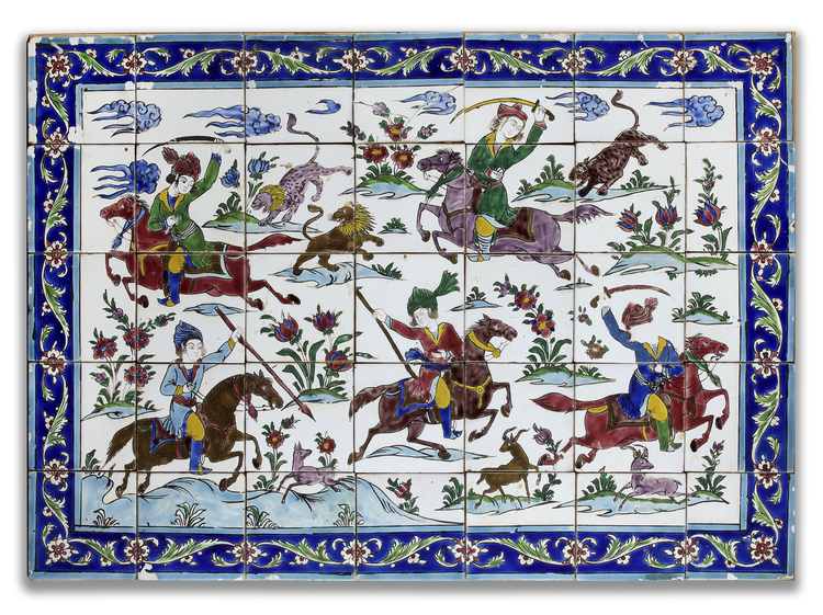 A COMPOSITION OF PERSIAN TILES MOUNTED ON A WOODEN PANEL, 19TH-20TH CENTURY