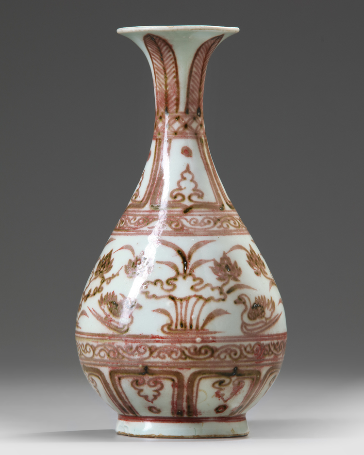 A CHINESE UNDERGLAZE COPPER-RED 'MANDARIN DUCKS' PEAR SHAPED VASE