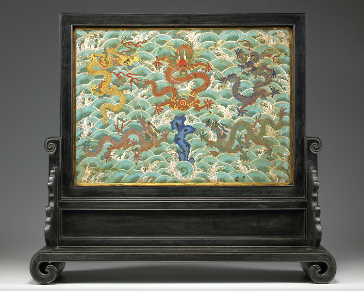 A CHINESE CLOISONNÉ ENAMEL 'FIVE DRAGONS' WOOD-INSET TABLE SCREEN    