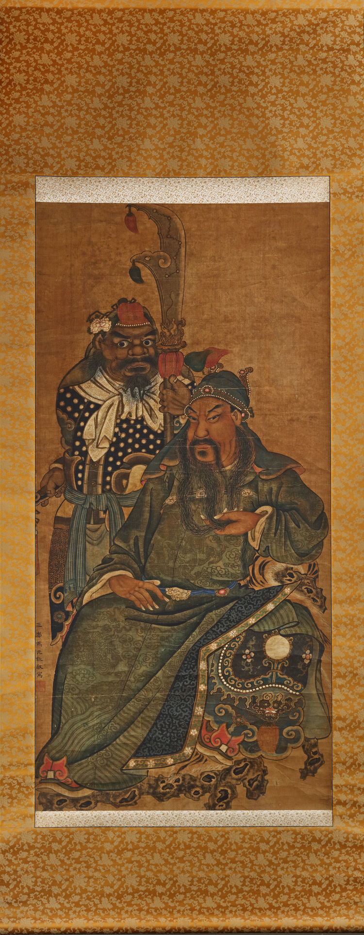 A CHINESE POLYCHROME PAINING DEPICTING THE GOD OF WAR GUAN YU (GUANDI)