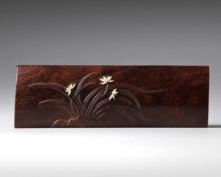 A CHINESE INSET HARDWOOD 'NARCISSUS' WRIST REST