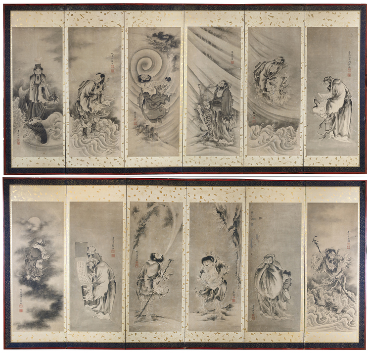 A PAIR OF SIX PANEL JAPANESE BYOBU-SCREENS DEPICTING THE TWELVE CHINESE  IMMORTALS