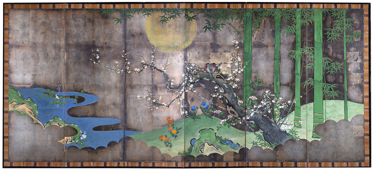 A SIX PANELJAPANESE  BYOBU-SCREEN WITH A POLYCHROME ANONYMOUS PAINTING