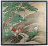 A TWO PANEL JAPANESE BYOBU-SCREEN WITH A POLYCHROME PAINTING DEPICTING PHEASANTS