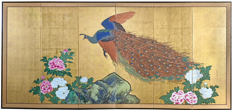 A SIX PANEL GOLD LEAF JAPANESE BYOBU-SCREEN WITH A BRIGHT POLYCHROMOUS PAINTING OF A PEACOCK
