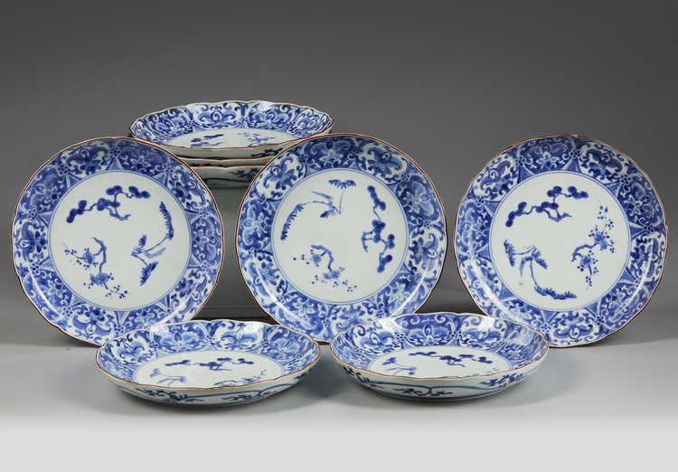 EIGHT BLUE AND WHITE JAPANESE 'THREE FRIENDS OF WINTER' DISHES