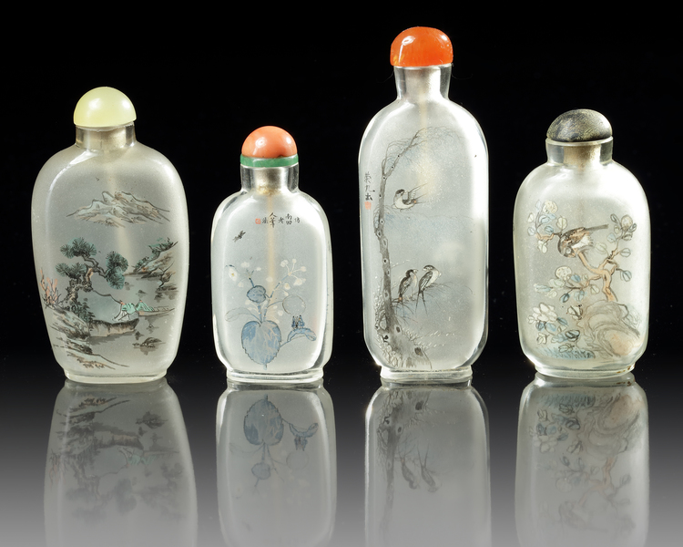 FOUR CHINESE INSIDE GLASS PAINTED SNUFF BOTTLES