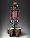 A JAPANESE DARK RED LACQUERED SUIT-OF-ARMOUR YOROI WITH DARK BLUE CORDS