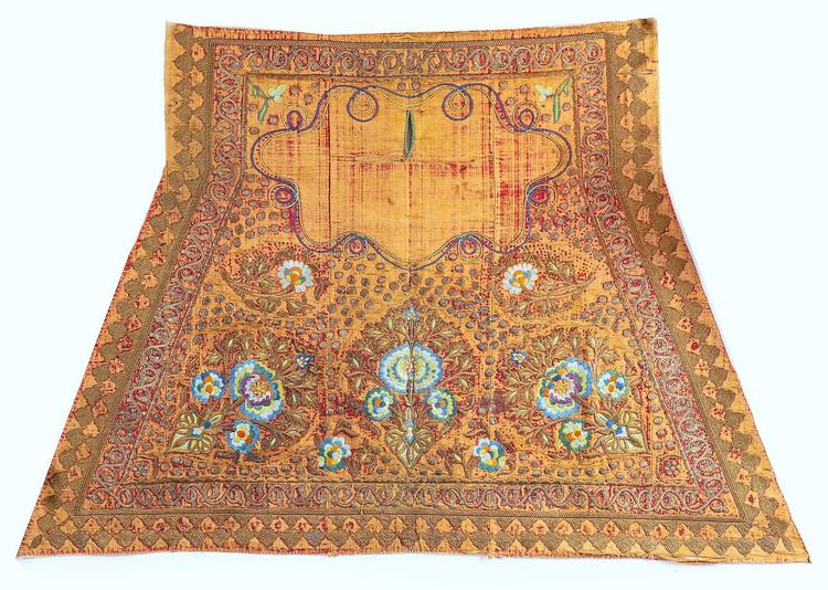 AN OTTOMAN METAL-THREAD EMBROIDERED RED-GROUND SADDLE COVER