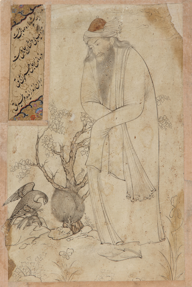 A DRAWING OF A DERVISH STYLE OF REZA-I ‘ABBASI, SAVAFID, SIGNED BY MUHAMMED YUSUF, 17TH CENTURY