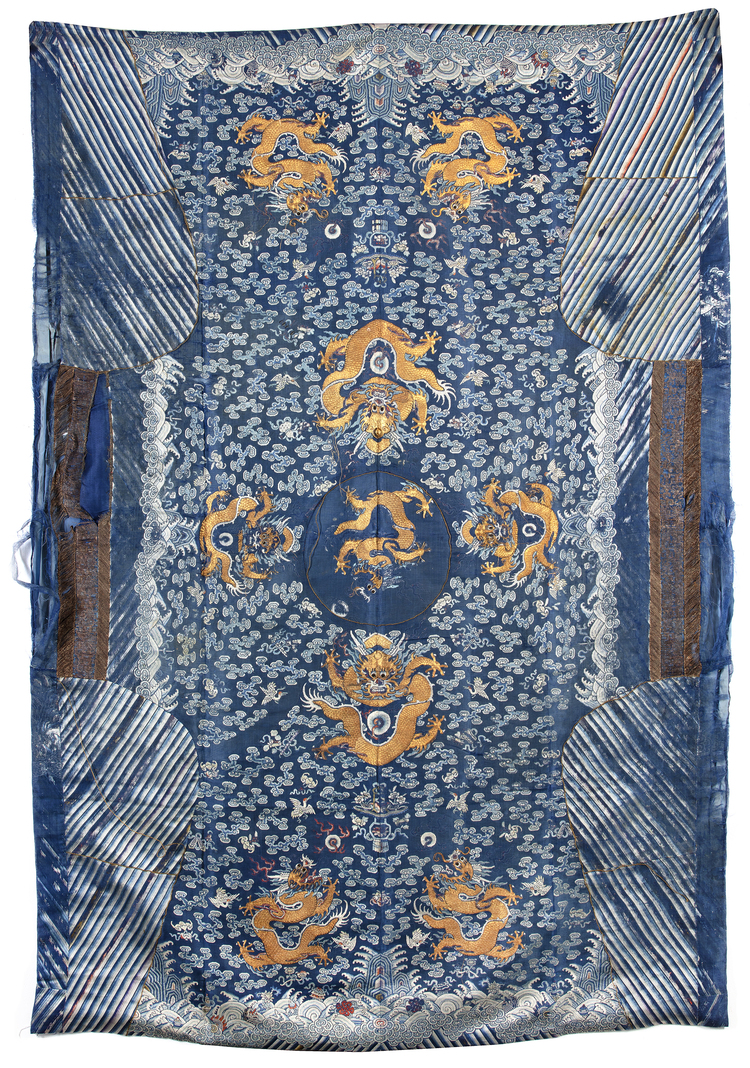 AN UNCUT EMBROIDERED SILK BLUE-GROUND ROBE, 19TH CENTURY