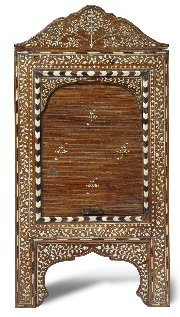 A WOODEN IVORY INLAID MIRROR WITH SHUTTER