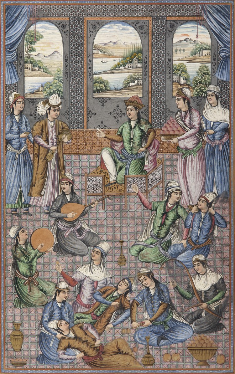 TWO QAJAR STYLE PAINTINGS DEPICTING A PARTY, QAJAR STYLE, 20TH CENTURY