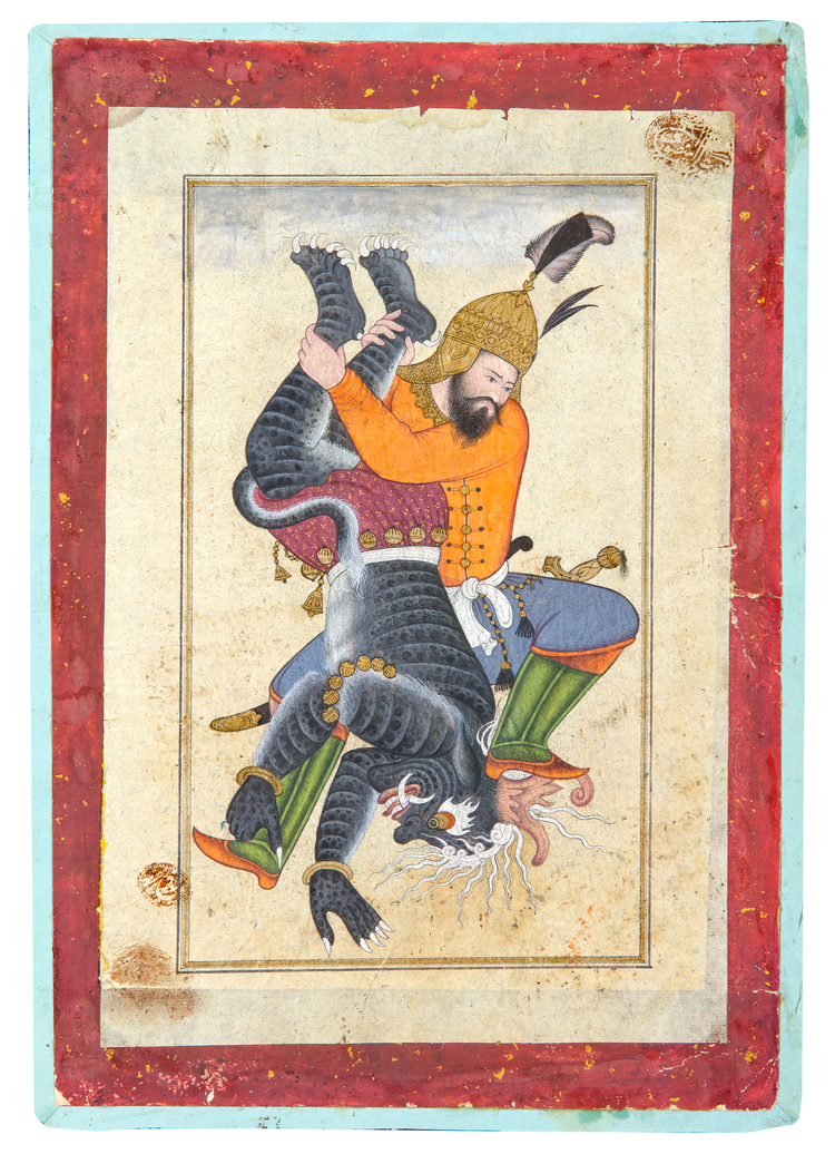 A PERSIAN MINIATURE DEPICTING A ROSTAM FIGHTIING THE DEMON, 19TH CENTURY