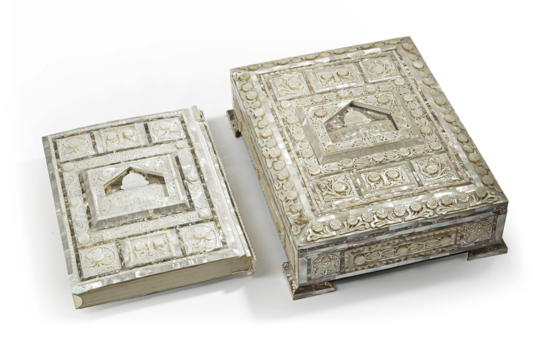 A LARGE MOTHER-OF-PEARL QURAN  AND BOX, JERUSALEM, 20TH CENTURY