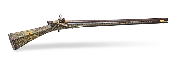 AN OTTOMAN GOLD-DAMASCENED MIQUELET GUN, TURKEY, 18TH CENTURY