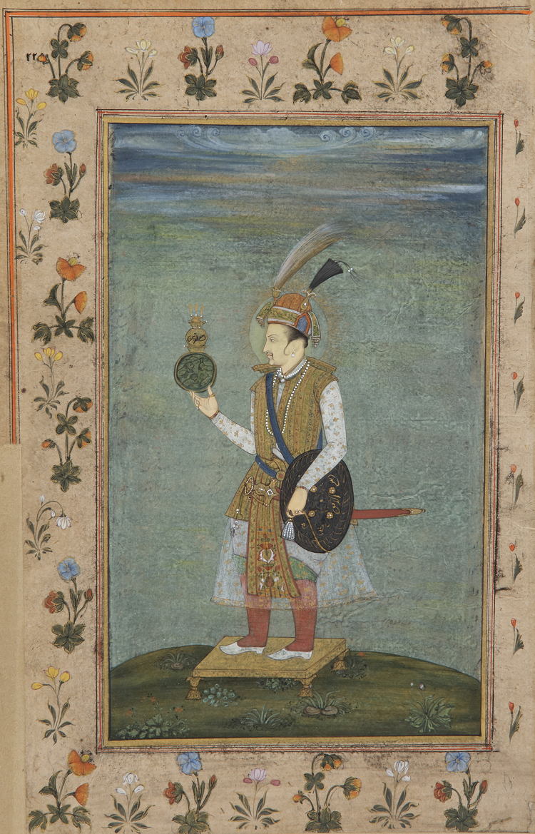 A WATERCOLOR PAINTING, JAHANGIR HOLDING A GLOBE,INDIA, MUGHAL,19TH-20TH CENTURY