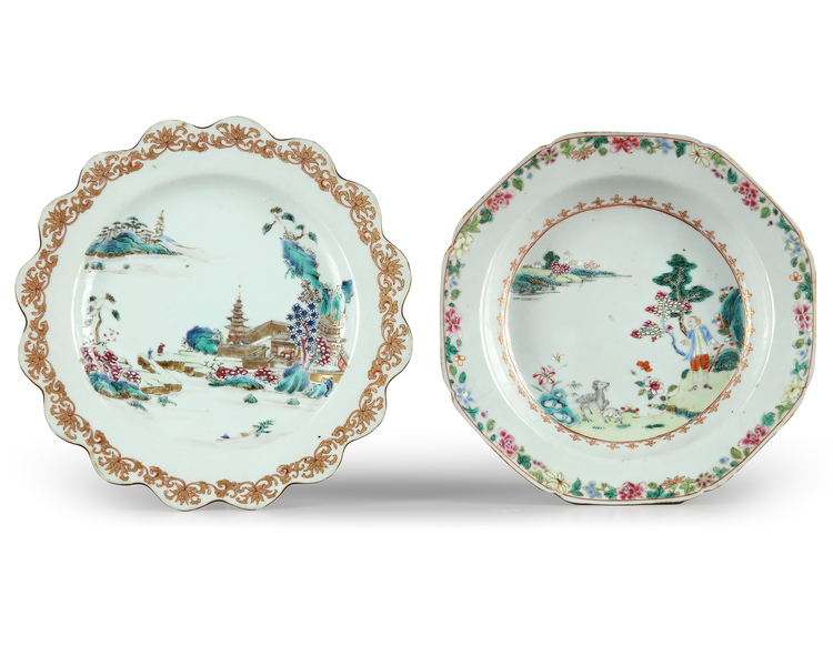 A CHINESE FAMILLE ROSE 'EUROPEAN SUBJECT' DISH AND A FAMILLE ROSE LANDSCAPE DISH, CHINA, QIANLONG PERIOD (1736-1795)