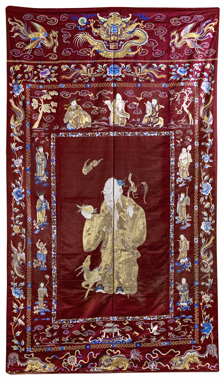 A CHINESE RED-GROUND SILK EMBROIDERY, 19TH CENTURY