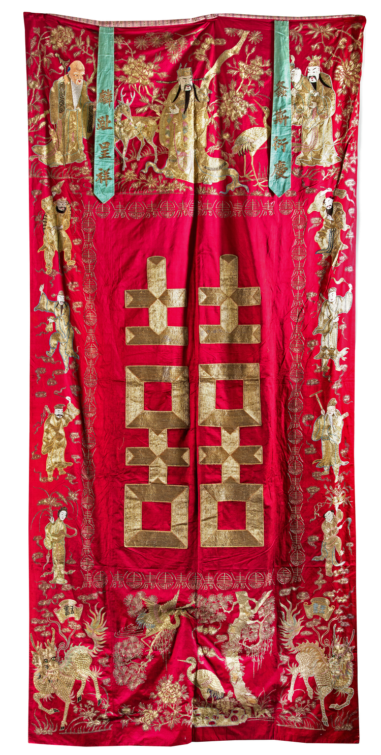 A CHINESE RED-GROUND SILK EMBROIDERY, 19TH CENTURY
