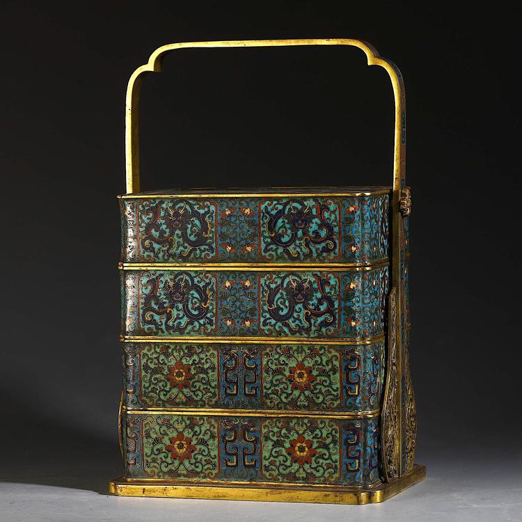 A CHINESE CLOISONNÉ THREE-TIERED LUNCH BOX, CHINA, QING DYNASTY (1644-1911)