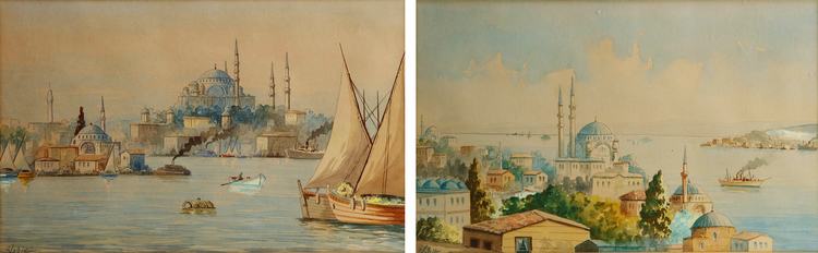 TWO PAINTINGS DEPICTING THE SULTAN AHMET MOSQUE IN ISTANBUL,19TH CENTURY