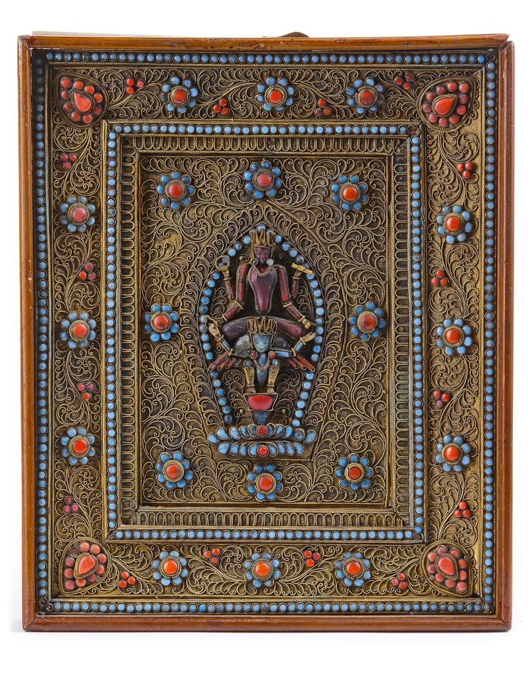 A NEPALESE GILT FILIGREE CORAL AND TURQUOISE- INLAID PANEL, NEPAL, 19TH-20TH CENTURY