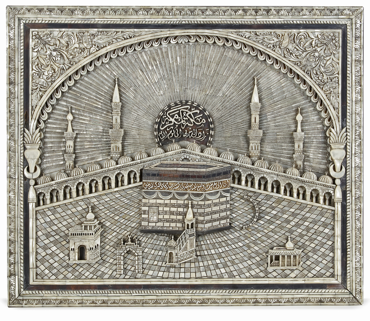 A MOTHER-OF-PEARL INLAID WOODEN HANGING PANEL, JERUSALEM, EARLY 20TH CENTURY
