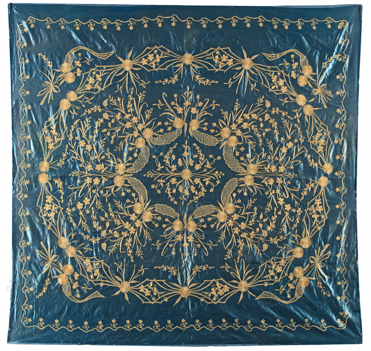 AN OTTOMAN EMBROIDERED NAVY BLUE TABLECLOTH, 19TH CENTURY